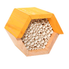 Hexagonal wooden bee house with natural pine wood frame and bundled paper straw tubes, designed to provide shelter for beneficial bees, ideal for farm, garden, and outdoor use.