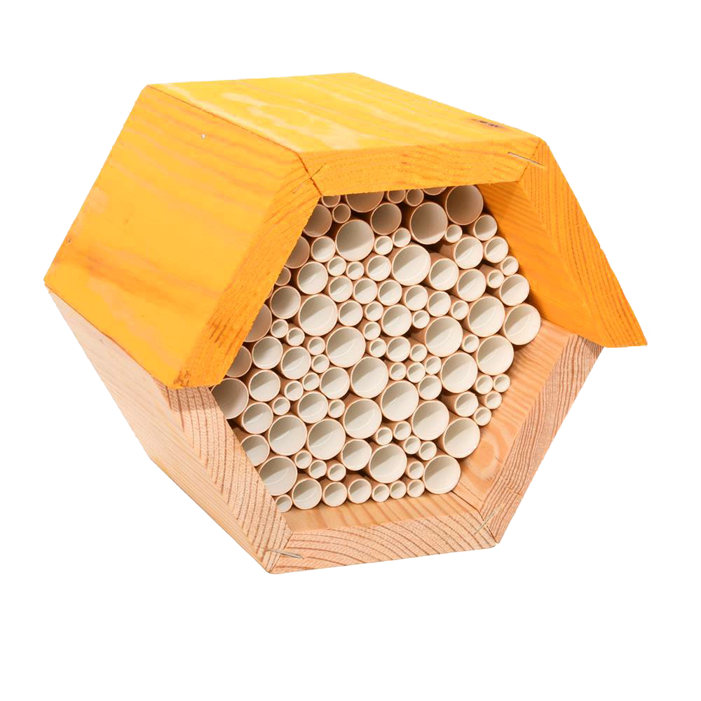 Hexagonal wooden bee house with natural pine wood frame and bundled paper straw tubes, designed to provide shelter for beneficial bees, ideal for farm, garden, and outdoor use.