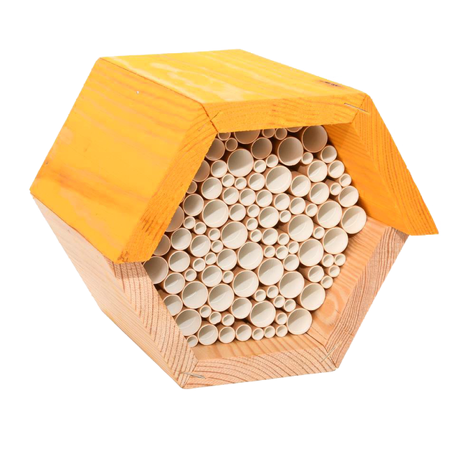 Hexagonal wooden bee house with natural pine wood frame and bundled paper straw tubes, designed to provide shelter for beneficial bees, ideal for farm, garden, and outdoor use.