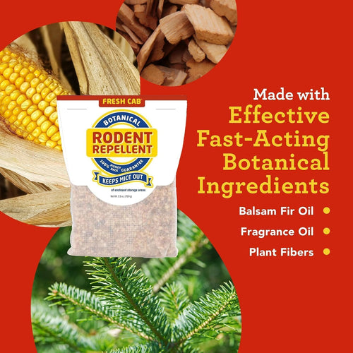 Pouch of botanical rodent repellent with natural balsam fir oil, plant fibers, and fragrance oil, designed to keep mice away in farm, garden, and pest control settings.