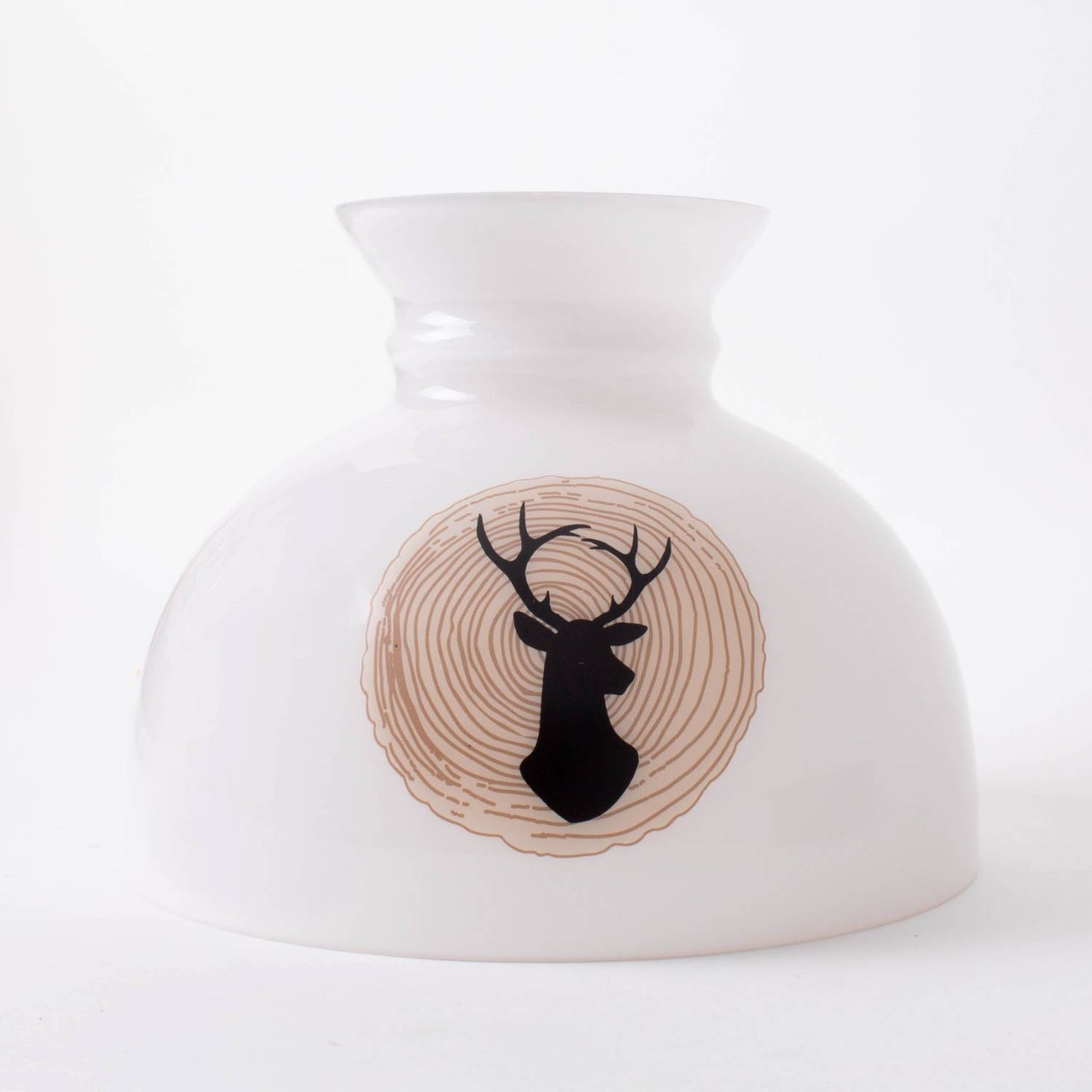 Handcrafted glass lamp shade with a 10-inch student style featuring a black deer silhouette over a natural wood grain circle, part of Lamps & Lighting, Parts and Accessories, Lamp Shades, Best Sellers, and Promo Eligible collections.