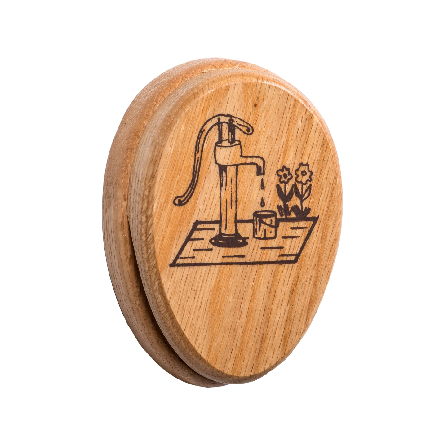 Handcrafted oak towel holder with a clear protective finish, featuring a rustic engraved water pump and flower design, made in USA, part of Home & Decor and Amish Made collections.