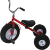 Sturdy red steel tricycle with heavy-duty knobby air tires and adjustable seat, designed for outdoor play on gravel, snow, grass, and mud, part of children's toys and best sellers.