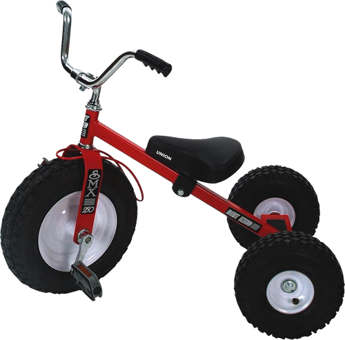 Sturdy red steel tricycle with heavy-duty knobby air tires and adjustable seat, designed for outdoor play on gravel, snow, grass, and mud, part of children's toys and best sellers.