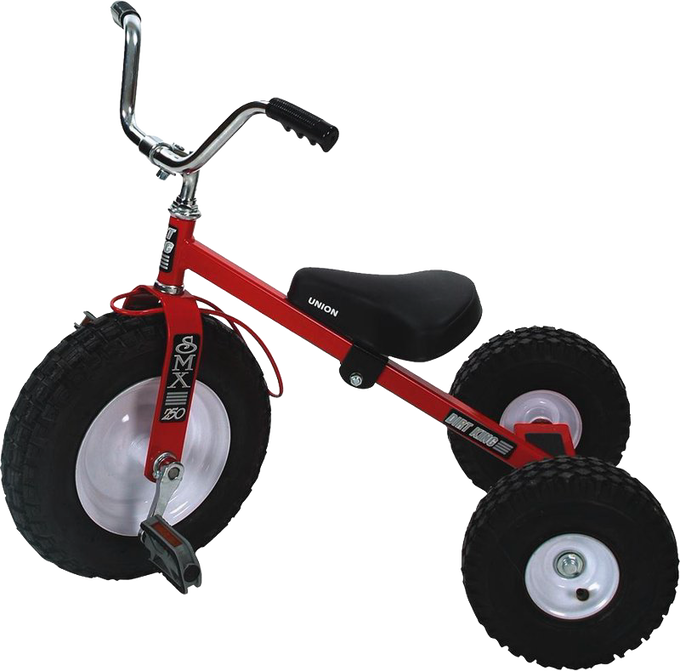 Sturdy red steel tricycle with heavy-duty knobby air tires and adjustable seat, designed for outdoor play on gravel, snow, grass, and mud, part of children's toys and best sellers.