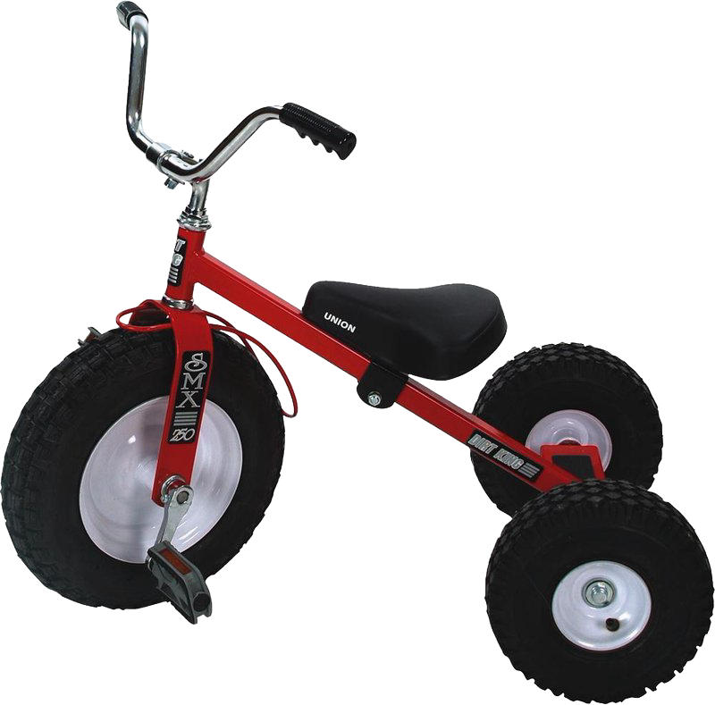 Sturdy red steel tricycle with heavy-duty knobby air tires and adjustable seat, designed for outdoor play on gravel, snow, grass, and mud, part of children's toys and best sellers.