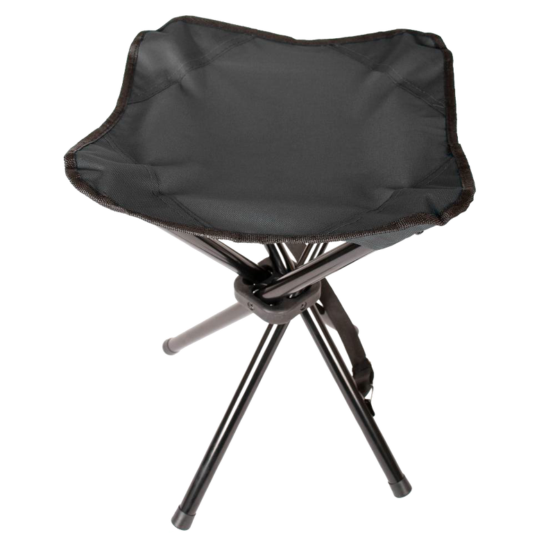 Black three-legged folding camping stool with sturdy fabric seat and metal legs, designed for easy transport and outdoor use in farming, gardening, and camping activities, featured in Farm, Garden & Tool and Camping collections.