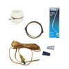Electric conversion kit components including a ceramic socket unit, clear bulb in packaging, brass retaining ring, and amber electric cord with connectors, ideal for lamps and emergency supplies.