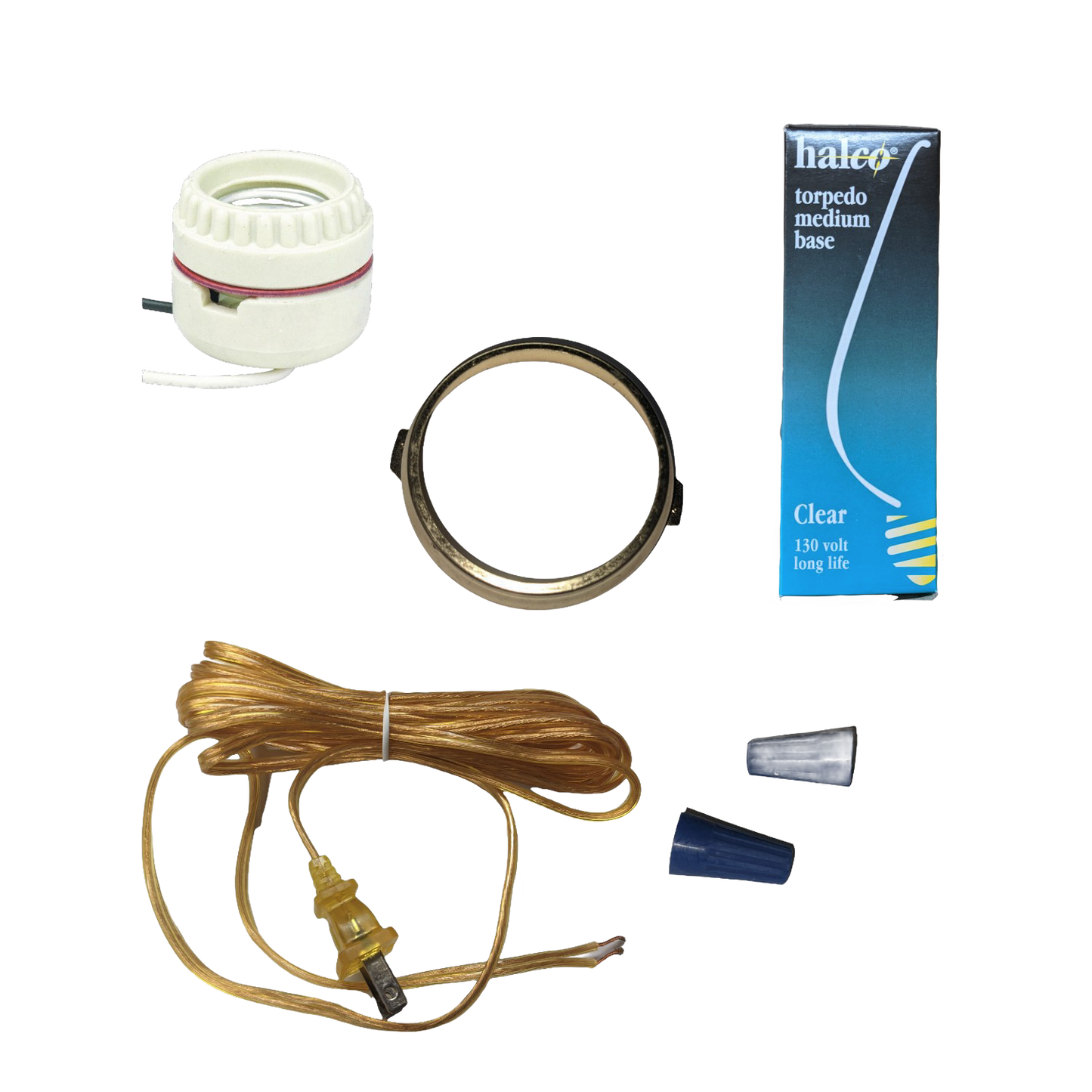 Electric conversion kit components including a ceramic socket unit, clear bulb in packaging, brass retaining ring, and amber electric cord with connectors, ideal for lamps and emergency supplies.