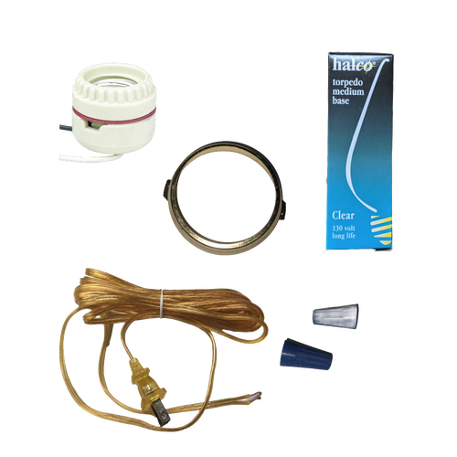 Electric conversion kit components including a ceramic socket unit, clear bulb in packaging, brass retaining ring, and amber electric cord with connectors, ideal for lamps and emergency supplies.