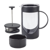 Black and clear plastic French press coffee maker with detachable stainless steel filter and plunger, featuring a sturdy handle and dishwasher-safe parts, ideal for Kitchen & Food and Brewing Coffee and Tea collections.