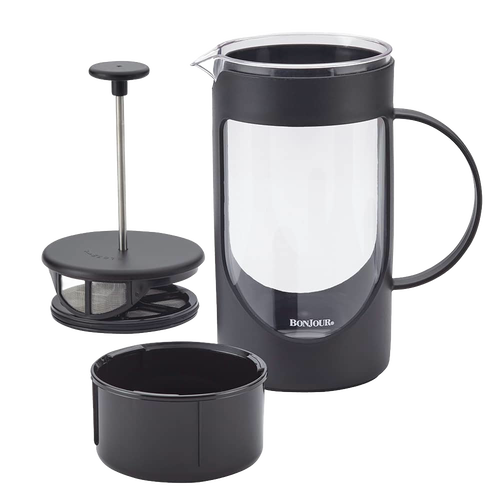 Black and clear plastic French press coffee maker with detachable stainless steel filter and plunger, featuring a sturdy handle and dishwasher-safe parts, ideal for Kitchen & Food and Brewing Coffee and Tea collections.