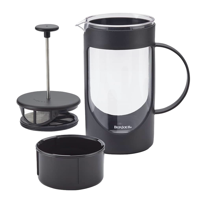 Black and clear plastic French press coffee maker with detachable stainless steel filter and plunger, featuring a sturdy handle and dishwasher-safe parts, ideal for Kitchen & Food and Brewing Coffee and Tea collections.