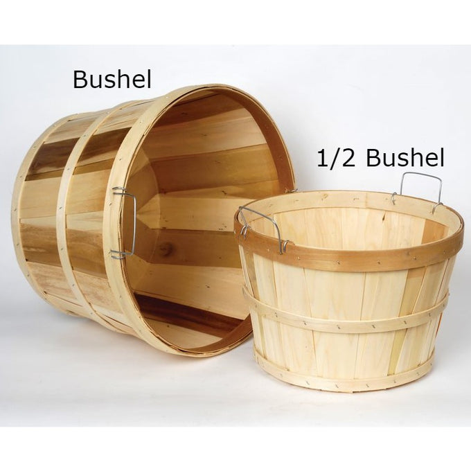 Pair of handcrafted untreated poplar wood baskets in half and full bushel sizes with metal handles, ideal for farm and garden use, featured in Farm, Garden & Tool and USA Made collections.