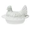 Hand-pressed white glass covered hen dish with detailed textured design, crafted in the USA, perfect for Kitchen & Food, Storage and Serving, Best Sellers, and Promo Eligible collections.