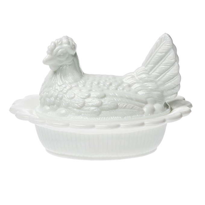 Hand-pressed white glass covered hen dish with detailed textured design, crafted in the USA, perfect for Kitchen & Food, Storage and Serving, Best Sellers, and Promo Eligible collections.