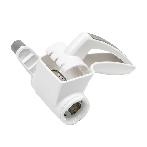 Compact white hand-crank cheese grater with ergonomic handle and stainless steel grating drum, designed for Kitchen & Food, Food Prep, Choppers and Cutters, and Best Sellers collections.