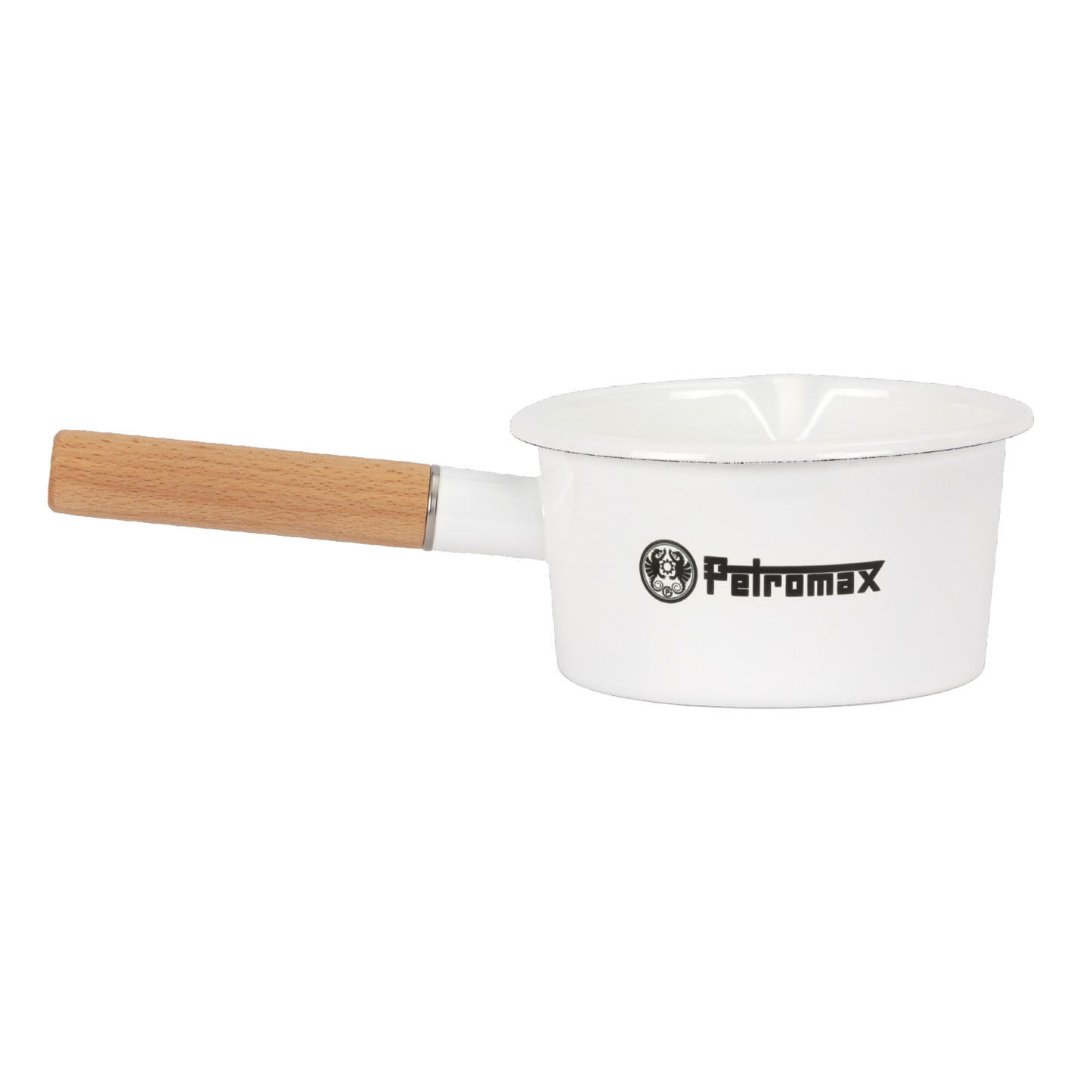 White enamel pan with a natural wooden handle and measurement lines inside, designed for camping, kitchen use, and outdoor cooking in Farm, Garden & Tool, Cookware, and Best Sellers collections.
