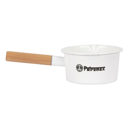 White enamel pan with a natural wooden handle and measurement lines inside, designed for camping, kitchen use, and outdoor cooking in Farm, Garden & Tool, Cookware, and Best Sellers collections.