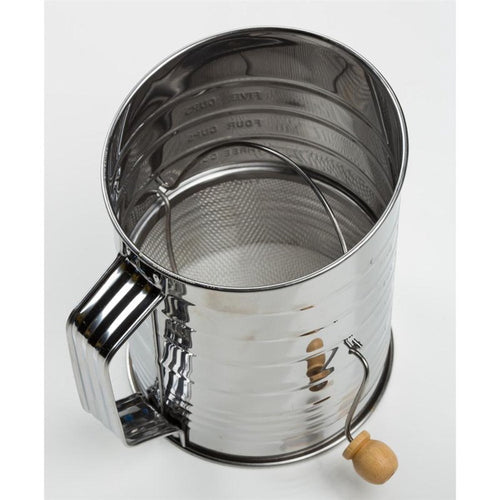 Shiny stainless steel flour sifter with a wooden handle and mesh screen, designed for clump-free baking, ideal for Kitchen & Food, Baking Supplies, and Cookware collections.
