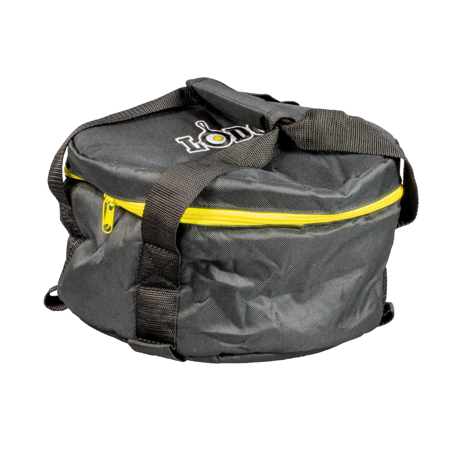 Black weather-resistant polyester tote with thick padding, sturdy straps, and a bright yellow zipper, designed for carrying and storing camp cookware in camping and kitchen settings.