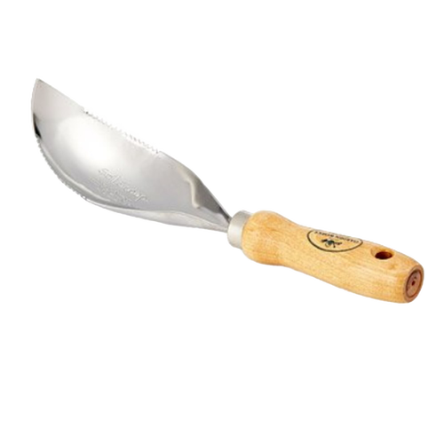 Handcrafted soil scoop with ergonomic wooden handle and durable metal scoop, designed to reduce wrist strain while digging, from Farm, Garden & Tool and USA Made collections.