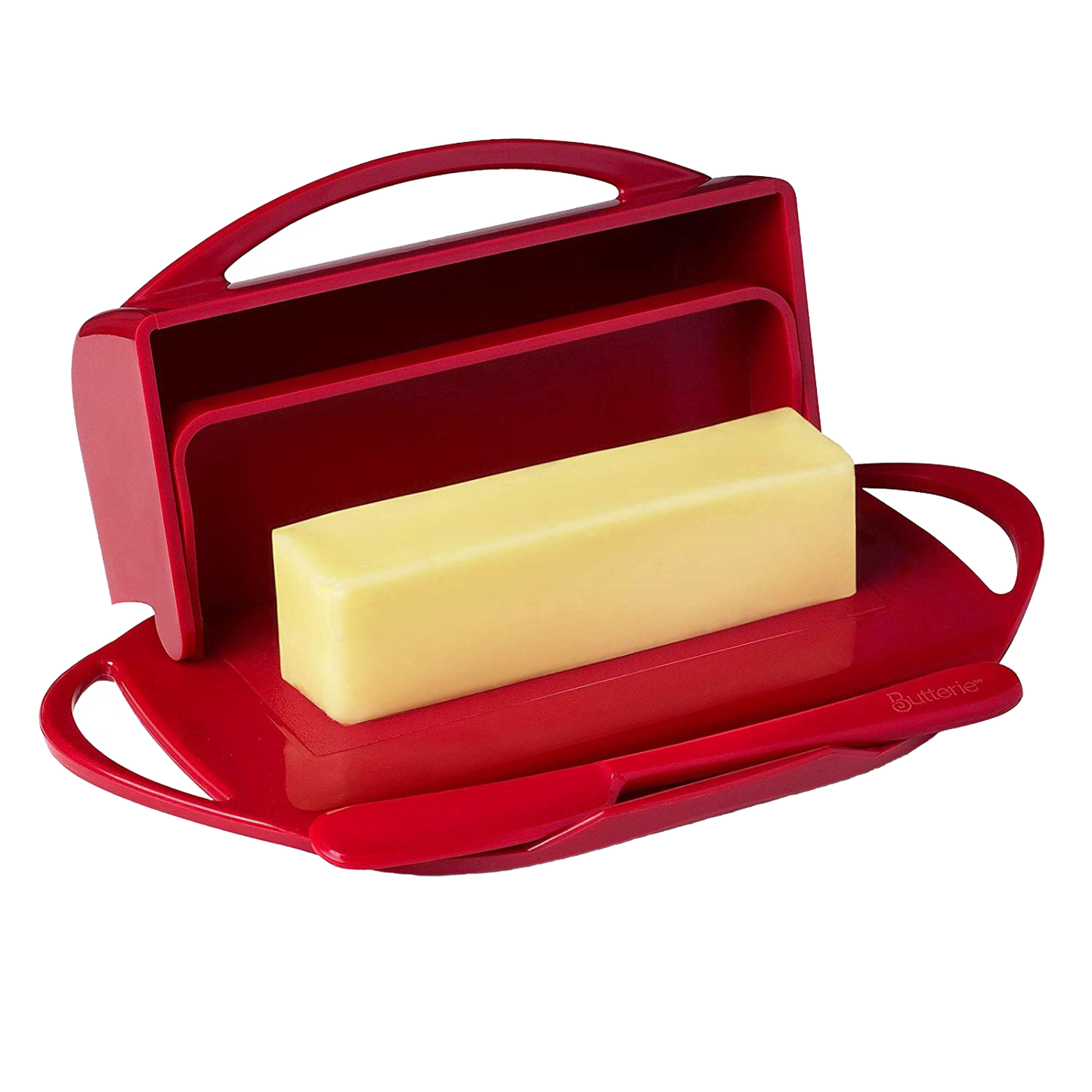 Bright red flip-top butter dish with a matching spreader resting on a molded cradle, holding a rectangular block of butter, designed for easy, mess-free use in Kitchen & Food and Kitchen Gadgets collections.