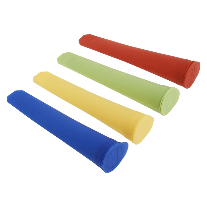 Set of four flexible, reusable silicone ice pop molds in red, green, yellow, and blue, designed to save freezer space, featured in Kitchen & Food, Kitchen Gadgets, and Best Sellers collections.