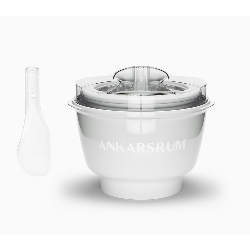 White ice cream maker bowl and clear lid with matching white spatula designed for use with stand mixers, perfect for Kitchen Gadgets, Specialty Equipment, and Making Ice Cream collections.