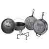 Handcrafted cast iron cookware set with wildlife designs, including skillet, griddle, Dutch oven, and stand, made in USA, ideal for Kitchen & Food, Cookware, and Cast Iron collections.