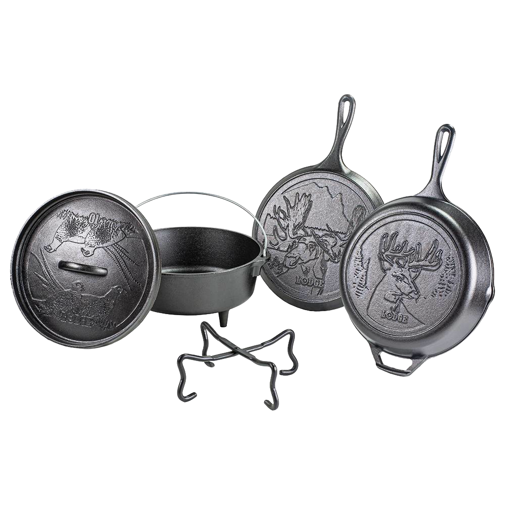 Handcrafted cast iron cookware set with wildlife designs, including skillet, griddle, Dutch oven, and stand, made in USA, ideal for Kitchen & Food, Cookware, and Cast Iron collections.