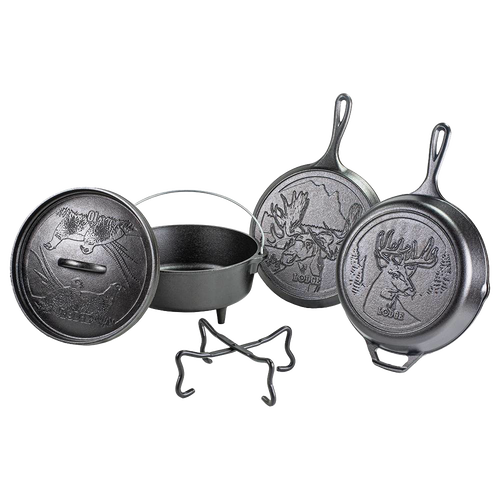 Handcrafted cast iron cookware set with wildlife designs, including skillet, griddle, Dutch oven, and stand, made in USA, ideal for Kitchen & Food, Cookware, and Cast Iron collections.
