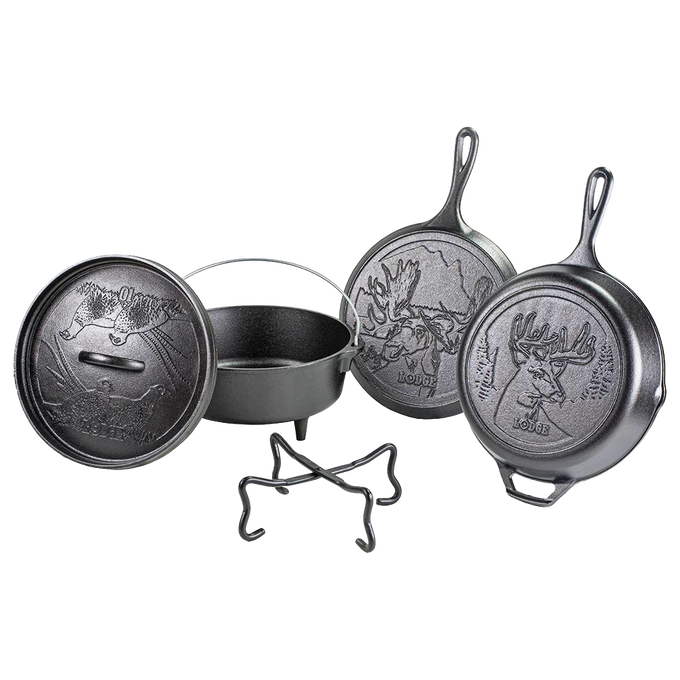 Handcrafted cast iron cookware set with wildlife designs, including skillet, griddle, Dutch oven, and stand, made in USA, ideal for Kitchen & Food, Cookware, and Cast Iron collections.