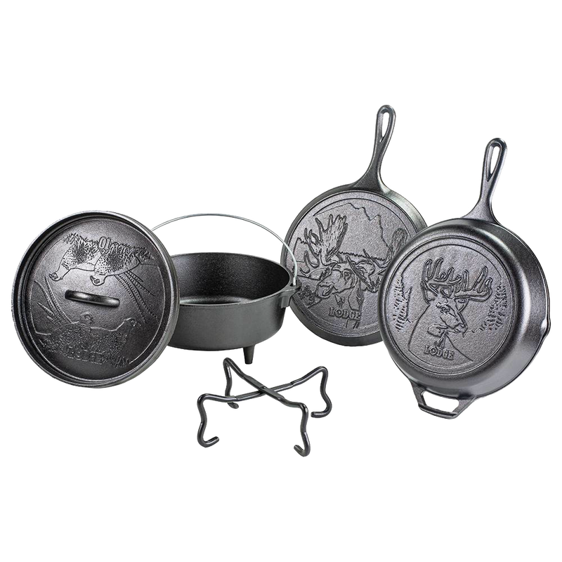 Handcrafted cast iron cookware set with wildlife designs, including skillet, griddle, Dutch oven, and stand, made in USA, ideal for Kitchen & Food, Cookware, and Cast Iron collections.