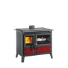 Handcrafted Milly wood cook stove with cast iron fire door and optional top food warmer, featuring a black and red design, ideal for Stoves, Cookstoves, Best Sellers, and All Stoves & Appliances collections.