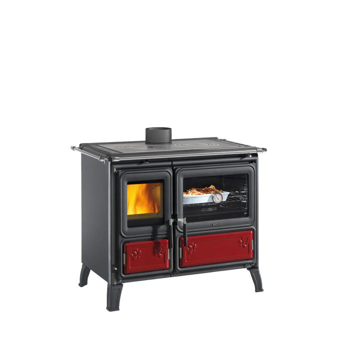 Handcrafted Milly wood cook stove with cast iron fire door and optional top food warmer, featuring a black and red design, ideal for Stoves, Cookstoves, Best Sellers, and All Stoves & Appliances collections.