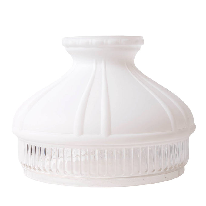 Handcrafted white glass lamp shade with a ribbed clear base and smooth opaque top, compatible with Aladdin lamp rings, featured in Lamps & Lighting and Parts and Accessories collections.