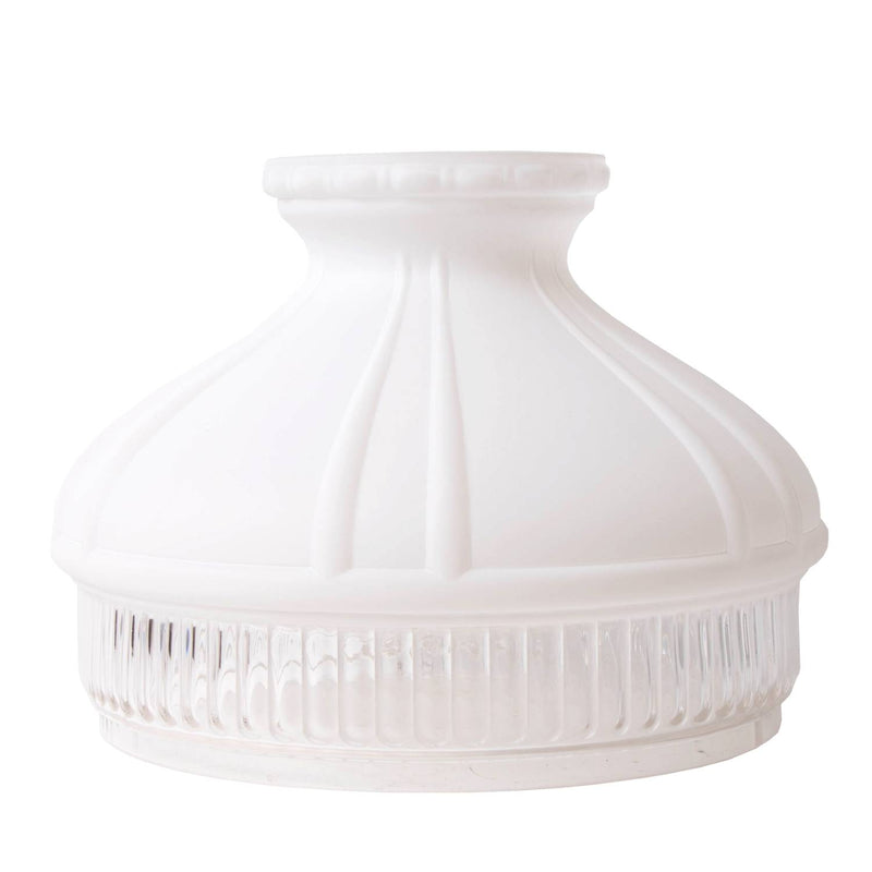 Handcrafted white glass lamp shade with a ribbed clear base and smooth opaque top, compatible with Aladdin lamp rings, featured in Lamps & Lighting and Parts and Accessories collections.