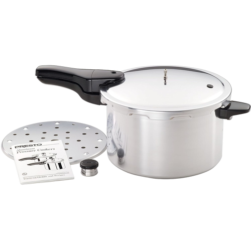 Handcrafted lightweight aluminum pressure cooker with polished finish, black ergonomic handle, steam rack, pressure regulator, and instruction manual, featured in Kitchen & Food, Cookware, Pots and Pans, Best Sellers, Promo Eligible collections.