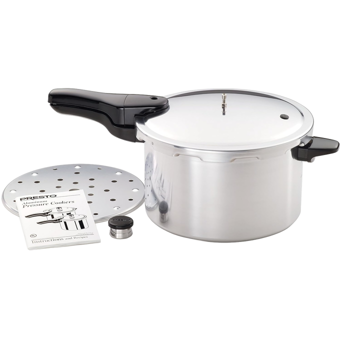 Handcrafted lightweight aluminum pressure cooker with polished finish, black ergonomic handle, steam rack, pressure regulator, and instruction manual, featured in Kitchen & Food, Cookware, Pots and Pans, Best Sellers, Promo Eligible collections.