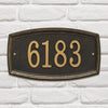 Black custom address plaque with raised gold numbers and decorative border, handcrafted in the USA, enhancing curb appeal in Home & Decor and Mailboxes and Address Signs collections.
