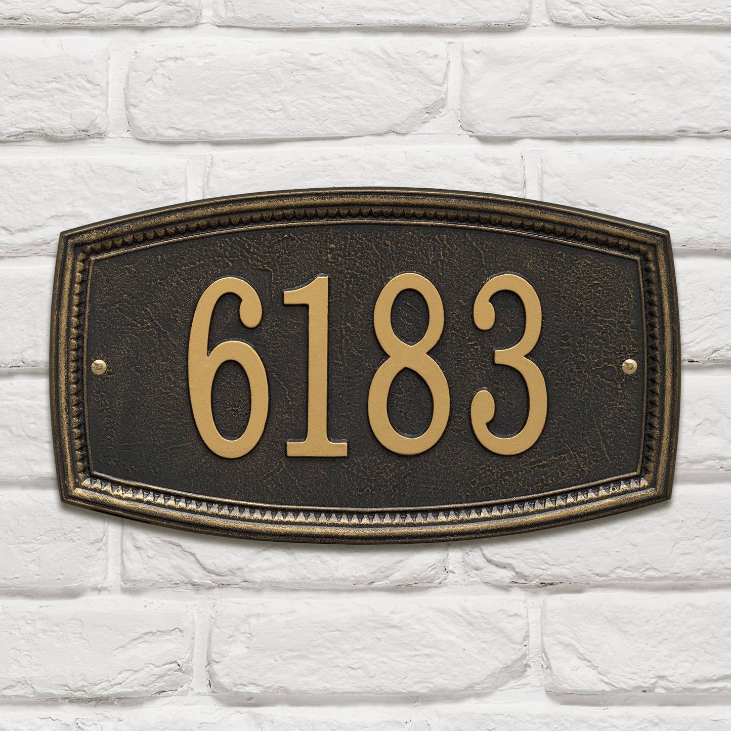 Black custom address plaque with raised gold numbers and decorative border, handcrafted in the USA, enhancing curb appeal in Home & Decor and Mailboxes and Address Signs collections.