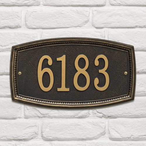 Black custom address plaque with raised gold numbers and decorative border, handcrafted in the USA, enhancing curb appeal in Home & Decor and Mailboxes and Address Signs collections.