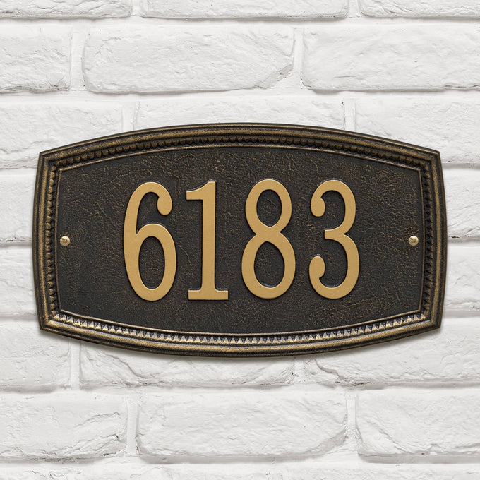 Black custom address plaque with raised gold numbers and decorative border, handcrafted in the USA, enhancing curb appeal in Home & Decor and Mailboxes and Address Signs collections.