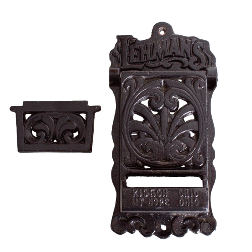 Handcrafted black cast iron wall-mounted matchbox holder with decorative vintage scrollwork and embossed Lehman's branding, Amish made in USA, ideal for Home & Decor and Household Helpers collections.