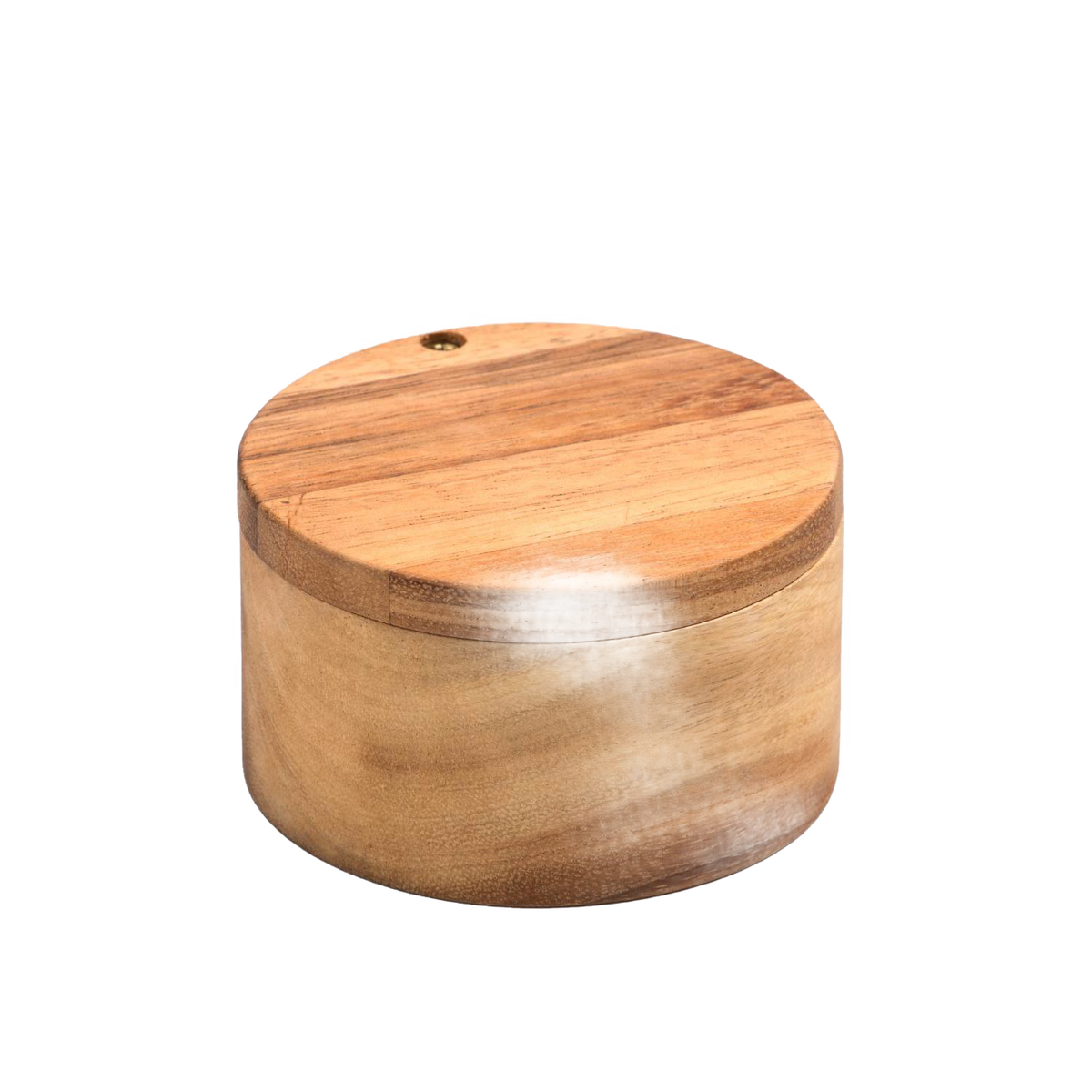 Handcrafted acacia wood salt cellar with a swivel lid, designed to keep salt dry and within reach, ideal for Kitchen & Food, Storage and Serving, and Best Sellers collections.