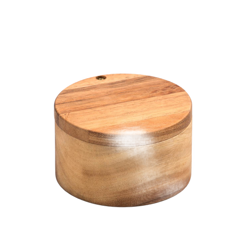 Handcrafted acacia wood salt cellar with a swivel lid, designed to keep salt dry and within reach, ideal for Kitchen & Food, Storage and Serving, and Best Sellers collections.
