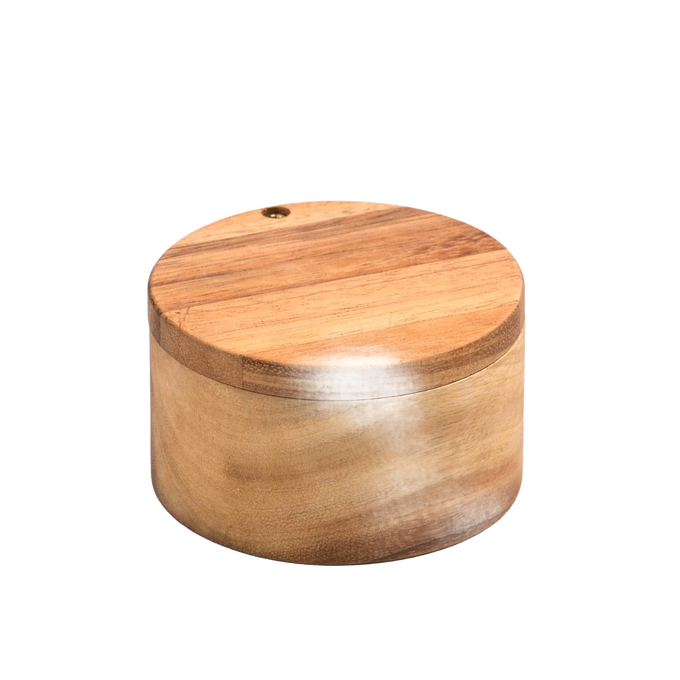 Handcrafted acacia wood salt cellar with a swivel lid, designed to keep salt dry and within reach, ideal for Kitchen & Food, Storage and Serving, and Best Sellers collections.