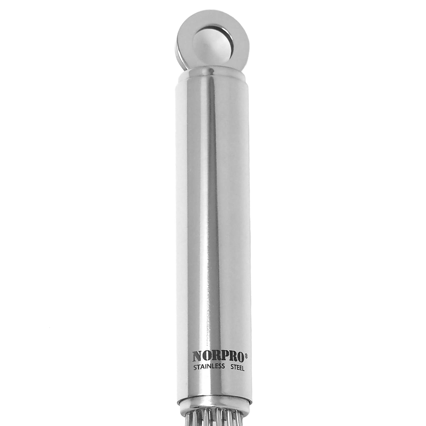 Close-up of a high-polish stainless steel balloon whisk handle featuring a hanging loop, suitable for Kitchen & Food, Cookware, Baking Supplies, and Kitchen Gadgets collections.