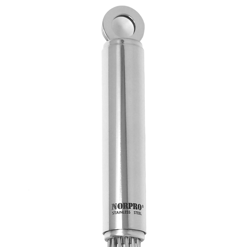 Close-up of a high-polish stainless steel balloon whisk handle featuring a hanging loop, suitable for Kitchen & Food, Cookware, Baking Supplies, and Kitchen Gadgets collections.
